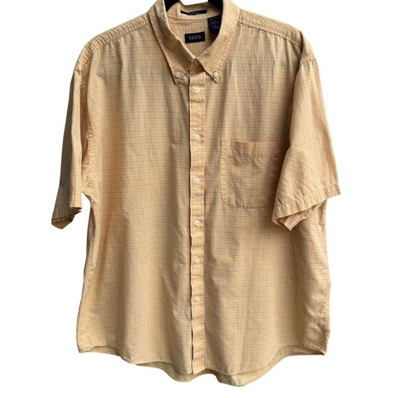 Izod Vintage Mens Short Sleeve Button-Down Preppy Yellow Plaid Cotton Shirt XL - Picture 1 of 9